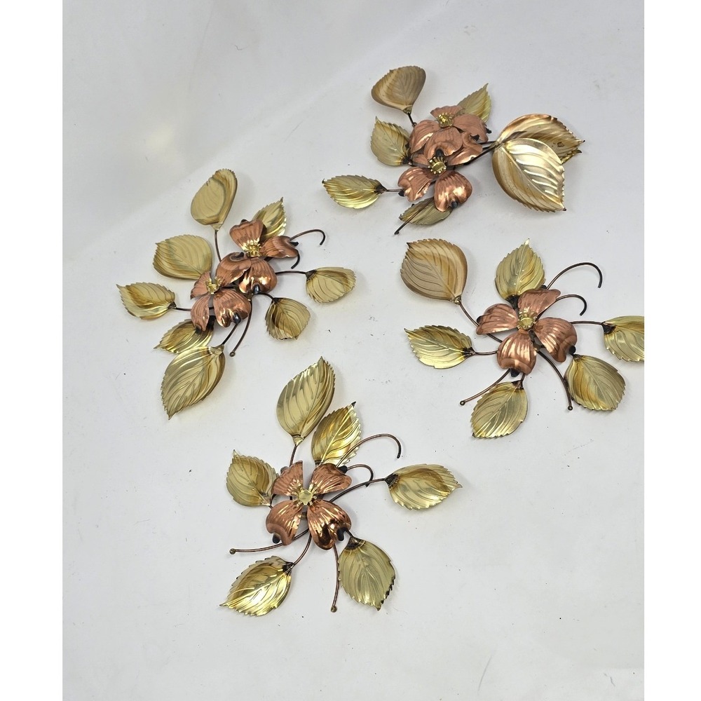 Vtg 4 Homco Dogwood floral wall decor gold copper mixed metal art MCM Brutalist